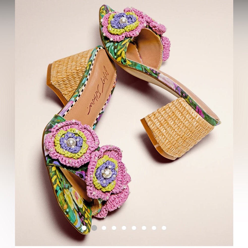 Betsey Johnson Floral Embellished Mule Sandals Raffia Heel NWT Size 7.5